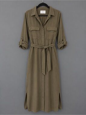Aritzia Babaton Olive Long-Sleeve Shirt Dress with Waist Tie